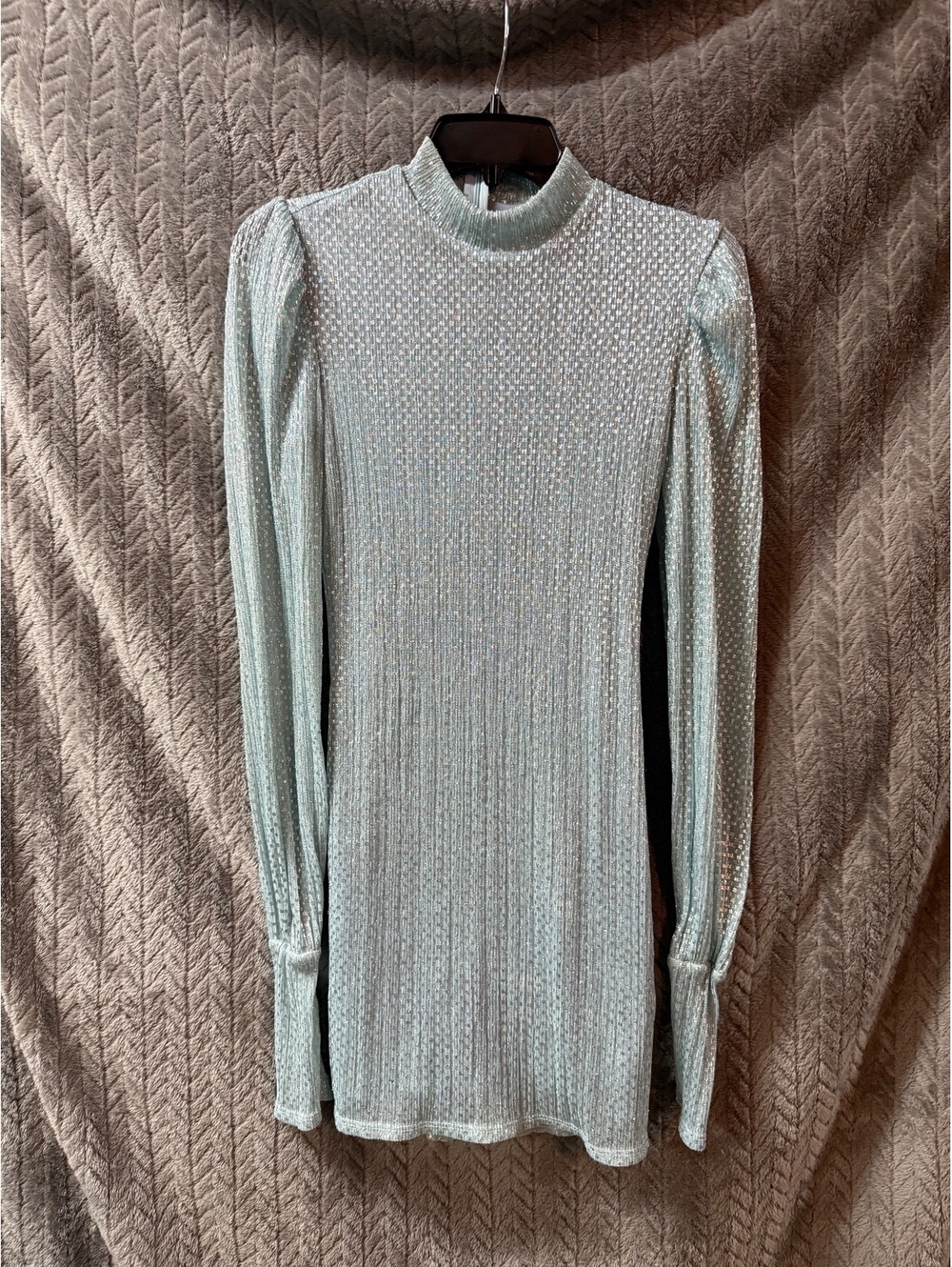 LUX Light Blue Metallic Knit Long Sleeve Dress